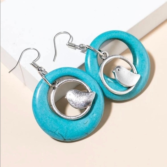 Silver Bird Turquoise Stone Hoop Drop Earrings - Picture 5 of 16